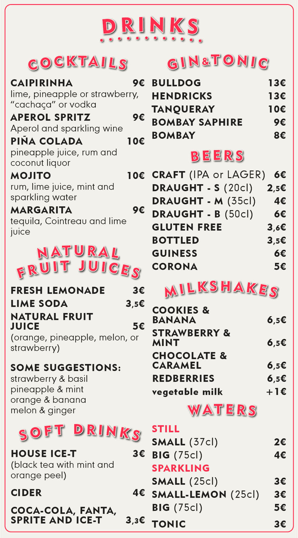 Drinks menu